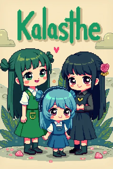 Create a slogan with the name Kalasthe with three dolls each with the colors green, blue and black in pixel art