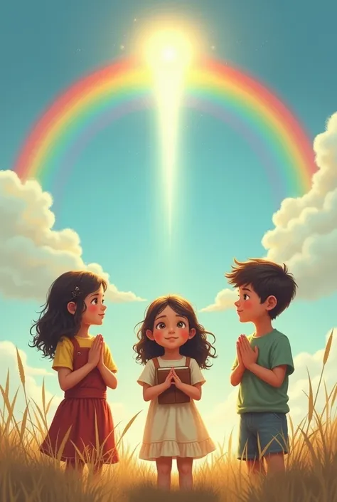 Three children John, Ana and Pedro are together, looking at a clear sky with a rainbow in the background. Above them, a soft light descends as if it came from God. Each child holds something symbolic: John with a toy, Anna with a book, and Peter with his h...