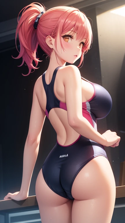 One girl, Natural Light, masterpiece, Very detailed, figure, Game CG, Absurd, high quality, Ai-chan, Big Breasts, Beautiful fine details, Bright pink hair, ponytail, bangs, Glossy lips, Red cheeks, School, One piece swimsuit, From behind, Looking back at t...