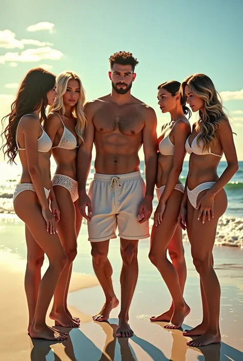 A man on the beach surrounded by women 

