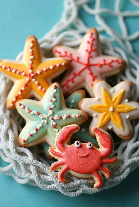 cookies in the shape of marine animals, pieces, starfish crabs wrapped in a fishing net