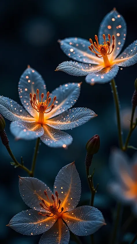 lighting art, Low light photography,a masterpiece of masters,water drop,light particles,sparkle view,dews,(riverside),night,beautiful glowing flowers, dew, transparent flowers, Pollen dancing,Focus on the stamen,Bokeh,best quality,extreme details,no humans...