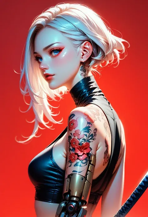 1 girl, alone, looking at the viewer, Simple background, BLUE EYES, Mouth closed, short white hair, wearing a crop top, mechanical arms, floral tattoos, katana on the back, intricate tattoos, Cyberpunk style, side view, Red background, elegant metallic bod...