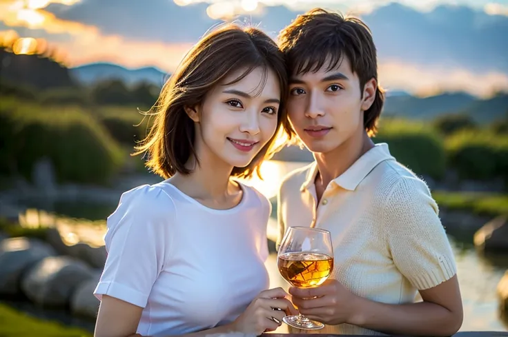 (Realistic, 超Realistic:1.4), 16K HDR, High resolution,Brown short hair,The best smile、Model Couple、Short sleeve dress,((Whiskey Glass)),Whiskey Bottle、whiskey、Single Malt、scotch、The Macallan、Johnnie Walker、Old Parr、Shot Glasses、Whisky on the Rock、Scotland、...