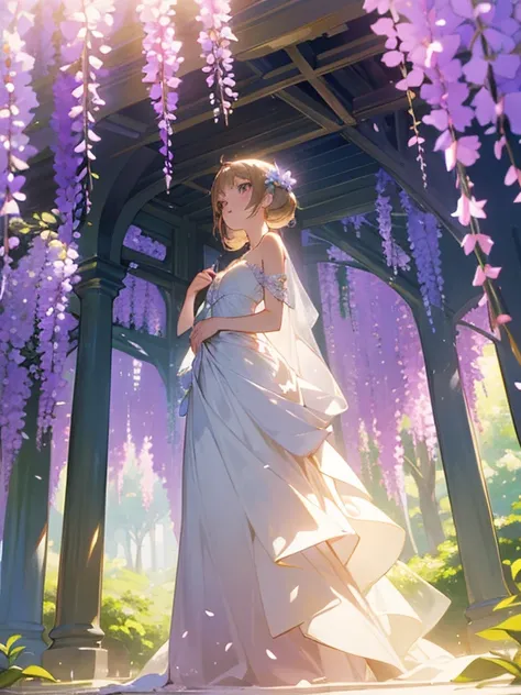 In a magical, serene garden filled with cascading wisteria flowers, a beautiful princess stands at the center. Her elegant gown flows gracefully as the gentle breeze carries the sweet fragrance of the purple blossoms. The wisteria vines hang down like a sh...