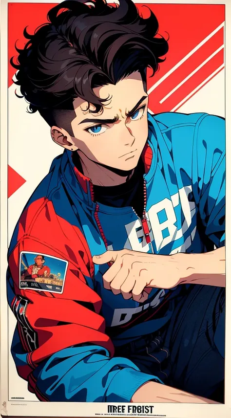 boy with medium curly hair, american cut, mid fade, streetwear, cinematic angle, vibrant and intense colors, 90s anime style, 90...