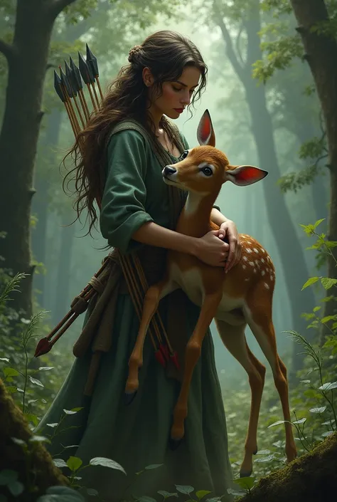 a woman in a forest being seen from the front hit by arrows in the back, holding and protecting a baby deer from arrows.