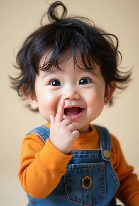 baby boy one year old, straight black hair with curly ends white skin black eyes wide smile without teeth making number one with finger wearing blue and orange clothes  