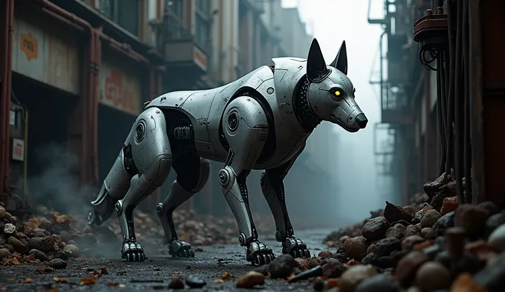 fully robotic wolf with two forward-facing horns, no fur, junkyard background
