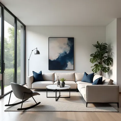 A modern and stylish living room inspired by a basic traditional setup, but redesigned by a professional interior designer. The outdated furniture is replaced with a sleek, minimalist sectional sofa in neutral tones, paired with matching contemporary armch...