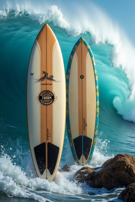 Create a surfboard brand called Fantastic surf BOARdS with attractive surfboard and wave backgrounds Put a logo called Fantastic Surf Boards Create a surfboard factory logo with the name Fantastic surf BOARdS 