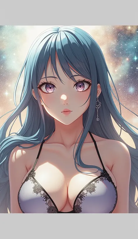 Best Quality, detailed, 4K, RAW Photos, masterpiece, detailed face,, star, 惑star, Milky Way, space,, a photo of アニセマー flying in space, [Blue Hair, bangs, Long Hair, View your viewers, Lingerie,between legs,High resolution, One girl, solo, Look at, masterpi...