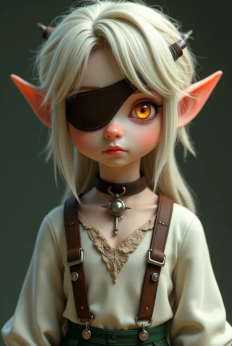 A young adult elf with - Ash blonde hair, disheveled - Dark brown leather patch on left eye - Loose white top, tied by suspenders - Green bloomers with brown details, held by harnesses - Worn collar with shiny metal pendant - Bright and intense amber eyes.