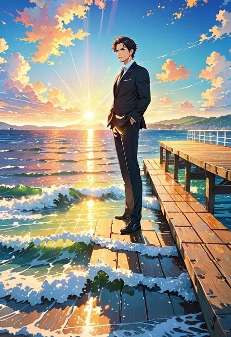 (masterpiece, Best Quality:1.2), 【Illustration, anime, (Wide Shot), Model shoot, One man、Nice middle-aged 30-year-old、Beautiful Eyes, Black Suit、Backlight, Standing on the pier, (sea, Shining Water Surface), Wave, Landscape summer pier background, Vibrant ...