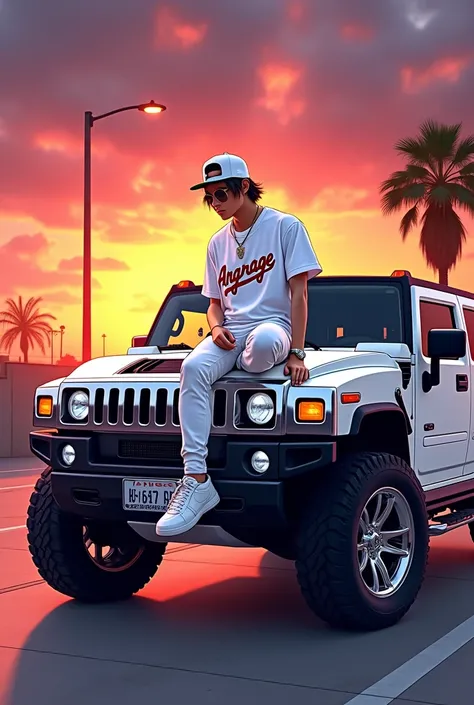 A men with white snapback,white nfl jersey,white pents,white sneakers,sit on bonnet,white hummer h2,chrome wheels,angarage text on bonnet,anime,manga,sunglasses,angarage text on jersey,los angeles sunset