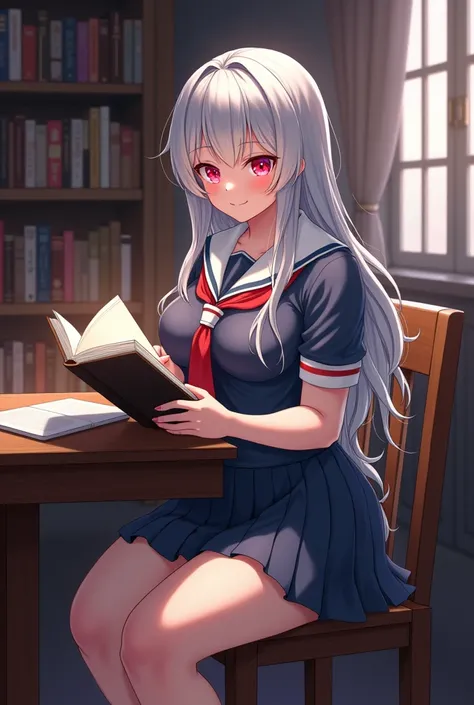 anime thicc fit woman with sliver hair and glowing red eyes , in a school girl outfit, reading a book in a library 