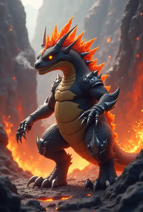 A fire-type lizard Pokémon with a monstrous appearance and gentle docility with metal armor in its third evolution.