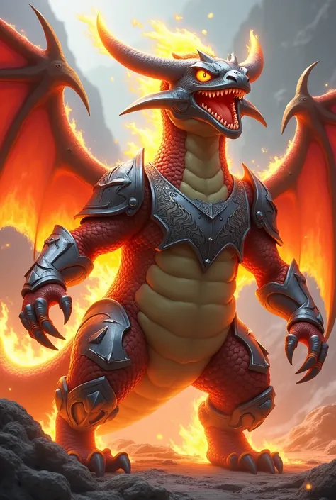 A fire-type lizard Pokémon with a monstrous and gentle appearance with metal armor in its third evolution with horn and wings.