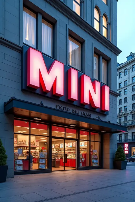 Design a Mini sign, emphasizing the word Mini, a sign on a large building, beautiful, installed in front of a convenience store, beautiful colors, cool, grand, horizontal, modern.