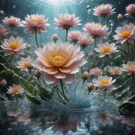 (((intricate detail:1.4))), (((Extremely crazy detail:1.4))),(((The highest quality:1.3))), (((Soft colors 4k highly detailed digital art:1.3))). | Close-up of a delicate water splash that transforms into a magical flower, like a jet of water reflects ligh...