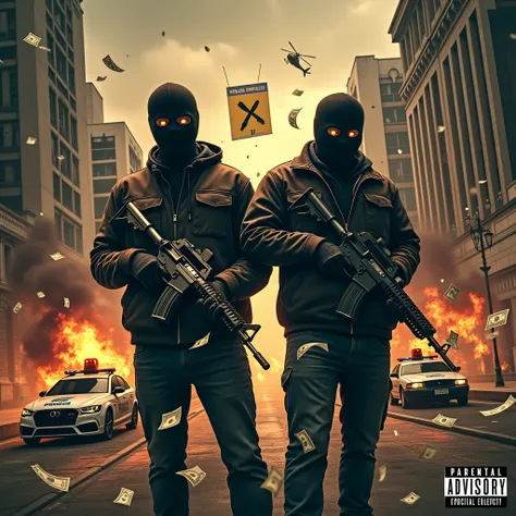 Rap album cover featuring two balaclava-wearing thugs with rifles, in front of the bank of Brazil, raining money notes, and a police car on fire, police helicopter crashing and catching fire, written poster x , with the parental advsory logo in the bottom ...