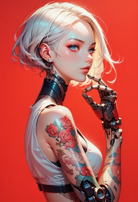 1 girl, alone, looking at the viewer, Simple background, BLUE EYES, Mouth closed, short white hair, wearing a crop top, mechanical arms, floral tattoos, katana on the back, intricate tattoos, Cyberpunk style, side view, Red background, elegant metallic bod...