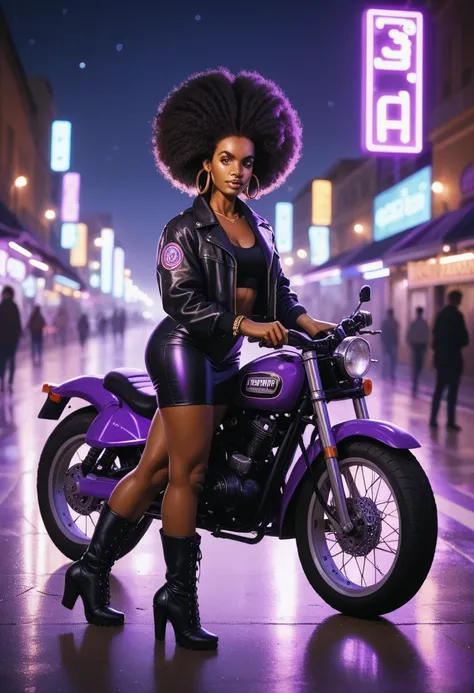 beautyful african woman, african skin, huge full afro purple hair, black motorcyclist jacket, black boots, hoop earring, night, purple lights, full body