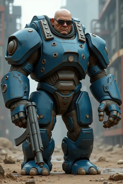 An elephant wearing muscular blue-toned military armor, human body with glasses and rifle, robust and serious