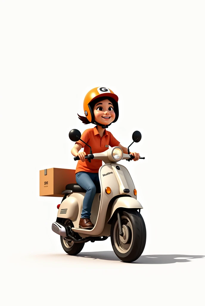 A delivery person with his motorcycle smiling, pixar style white background