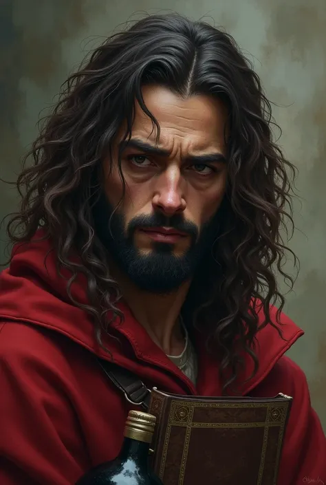 A young adult. high. Very long brown curly hair. Short, thick, speckled black goatee. hard face. Dark circles and tired face. He wears a red cloak over his clothes. He carries a book and a wineskin with him.. Exhausted and depressed.