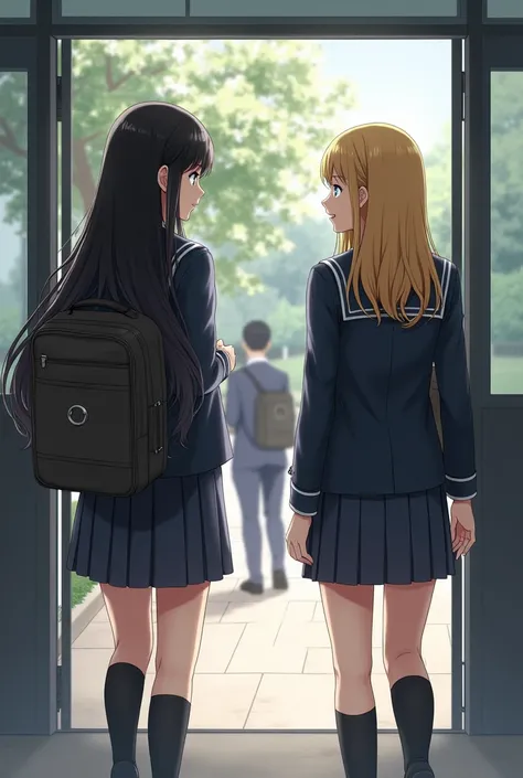 A WOMAN IN A SCHOOL OUTFIT ENTERING SCHOOL WITH LONG BLACK HAIR AND GOING NEAR ANOTHER WITH BLONDE HAIR REAL WOMAN