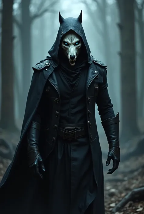 create an image of an anti-hero, with black costume, white mask in the shape of a wolf skull and with bright blue eyes 