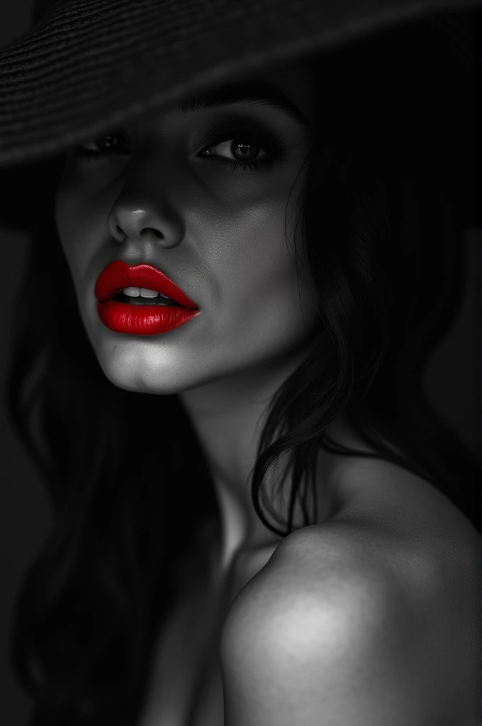 Create a black and white image with the red lipstick lips of a half-busted Spanish woman