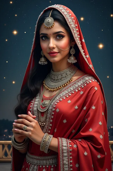 ((best quality)), ((masterpiece)), (detailed), perfect Face create a depiction of Radha ji in a royal, crimson saree adorned with intricate silver patterns. Complement her attire with traditional jewelry, including a statement necklace and elegant bangles....