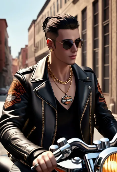 biker boy wearing leather jacket, gold chain with pendant, biker bandana and sunglasses, moto harley davidson.