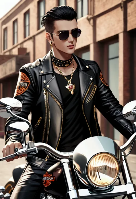 biker boy wearing leather jacket, gold chain with pendant, biker bandana and sunglasses, moto harley davidson.