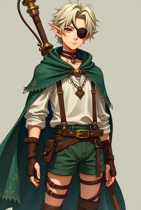 A young adult male elf - Ash blonde hair, disheveled - Dark brown leather patch on left eye - Loose white top, tied by suspenders - Green bloomers with brown details, held by harnesses - Worn collar with shiny metal pendant - Bright, intense amber eyes - A...