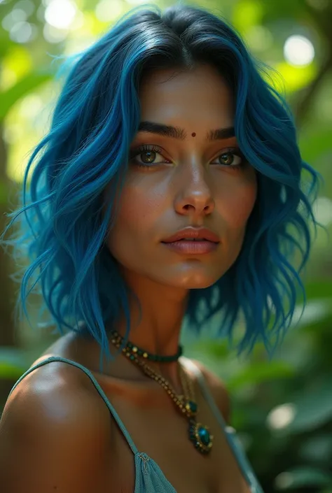 fashion photography portrait of indian girl with blue hair, in lush jungle with flowers, 3d render, cgi, symetrical, octane render, 35mm, bokeh, (intricate details:1.12), hdr, (intricate details, hyperdetailed:1.15), (natural skin texture, hyperrealism, so...