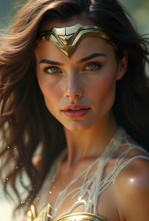 Wonder Woman has a lot of cream running from her hair,Brown Hair,  masterpiece、beautiful girl、fine 目、puffy eyes、Best Quality, 超High resolution, (reality: 1.4), Cinema Lighting,Very beautiful、Beautiful Skin、(超reality的な)、(High resolution)、(8k)、(Very detailed...