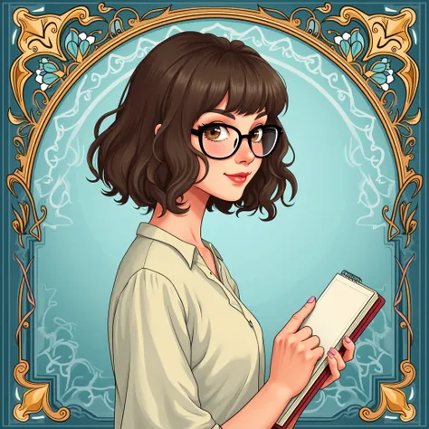 1 adult female,Shortcuts, bangs, Brown Hair, Glasses,profile,smile,I have a notebook,blouse,Don&#39;t show your chest,Mucha style background,Blue background color,Illustration,Art Nouveau