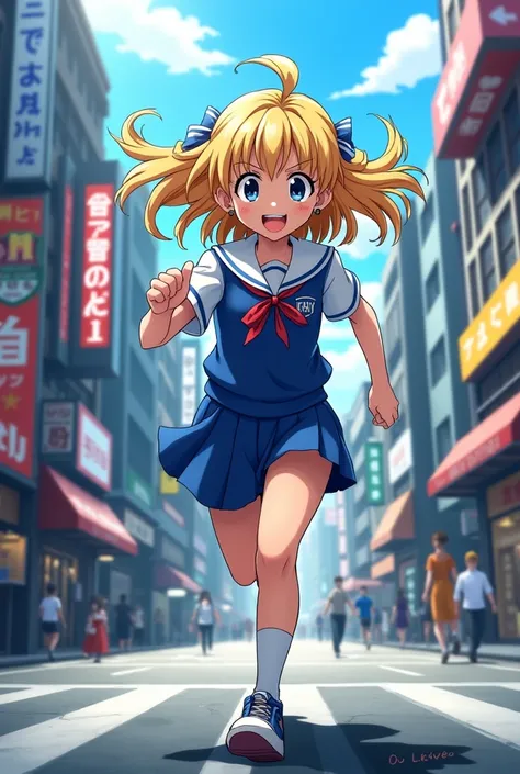 1girl,  running In street (blonde hair in school uniform blues anime)