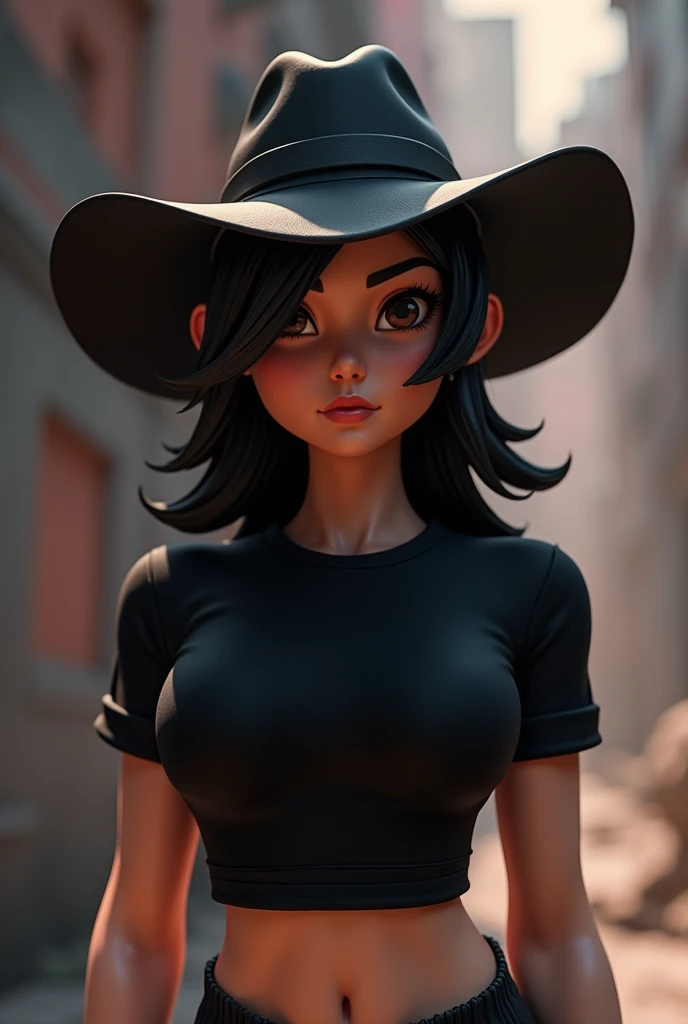 Roblox game character woman with black hat and shirt
