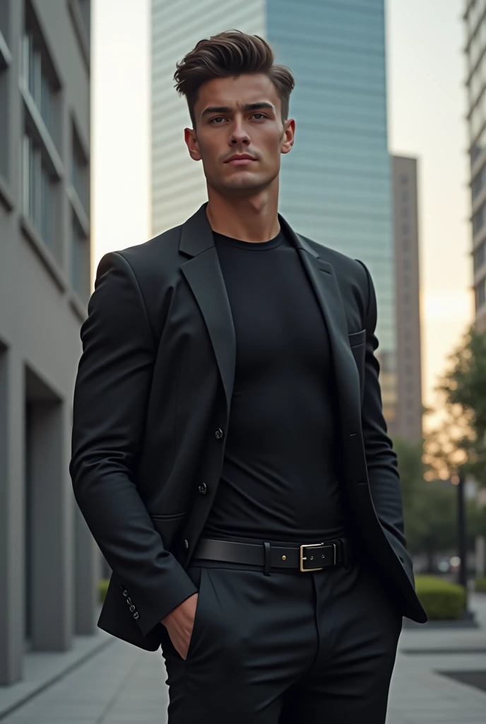 A young man of 20 years. athletic and attractive. He wears a black shirt and a tight suit.. relaxed. Building in the background.