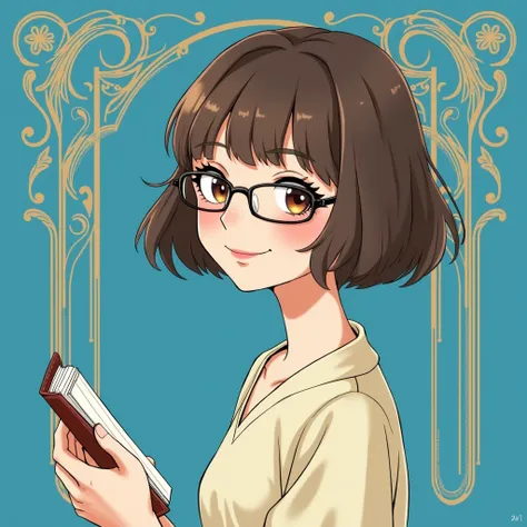 1 adult female,Shortcuts, bangs, Brown Hair, Glasses,profile,smile,I have a notebook,blouse,Don&#39;t show your chest,From the chest up,Mucha style background,Blue background color,Illustration,Art Nouveau,High resolution, Very detailed, 日本のIllustrationスタイ...