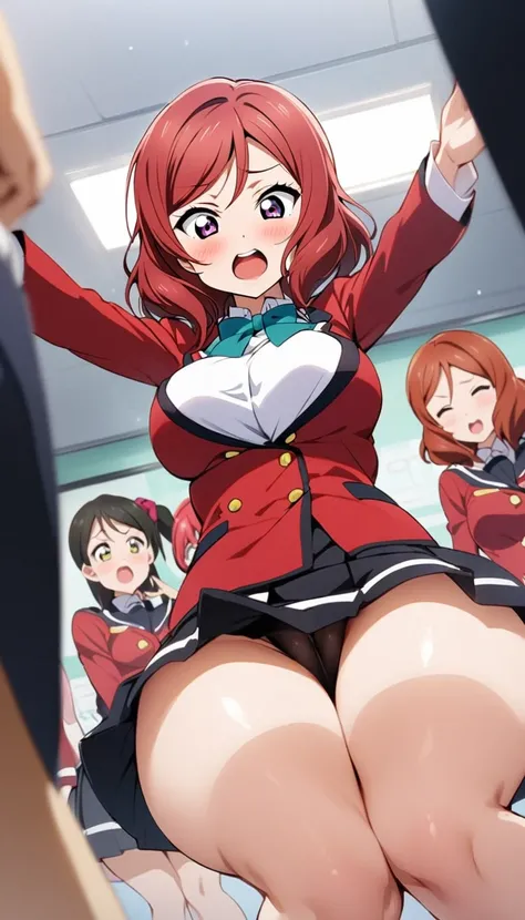 One Woman、beautiful girl, Best Quality, Thick thighs、Big Ass 、Big Boobs、Maki Nishikino、Love Live! 、Red blazer uniform、Angle from directly below、Surprised、School、Many students behind、The gesture of brushing one&#39;s hair back、Short pleated skirt、黒いpantiesS...