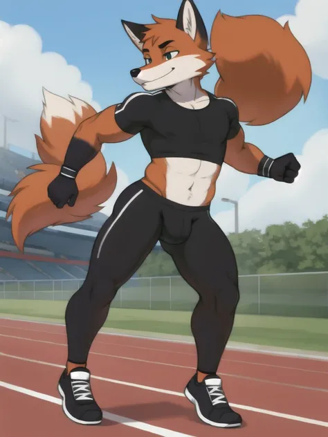 Furry, fox, male, black shirt, black spandex bike shorts, shoes, running track, solo, full body