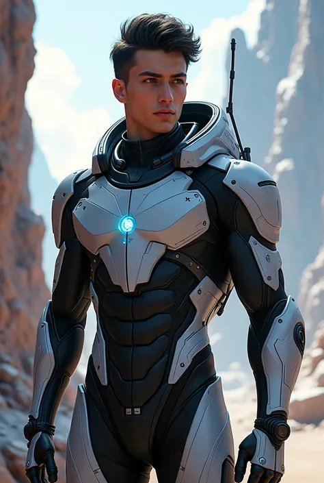 Adult anime boy in futuristic spacesuit 