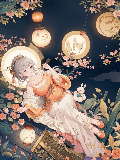 Mid-Autumn Festival，A lovely fairy，Wearing Chinese costumes，holding a lantern，Cute rabbit next to the girl，Lantern，Auspicious clouds，Behind the huge moon，a warm color palette，Abstract screen，ultra-realistic realism，pixar-style，3d effect，Disney  style，clear...