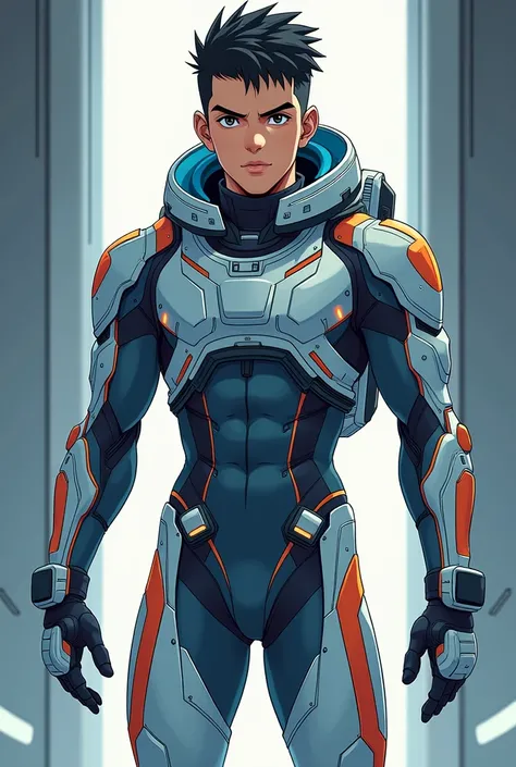 Adult boy in futuristic spacesuit 2D anime style