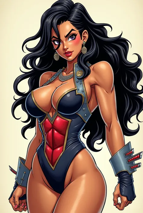 A girl with long wavy hair ,lip filler, full body shot , big boobs and clevage, vegeta Saiyan armor ، Saiyan Scouter, red scouter, (Saiyan Scouter Glass: transparent red glass, covers only one eye) muscular body and arms, thick eyebrows, thick eyeliner, ey...